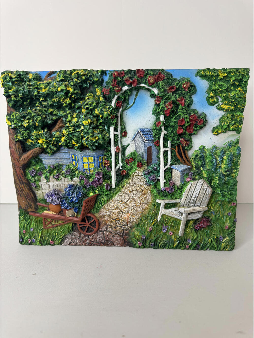 Vintage Cottage Core Decorative Garden Scene Wall Plaque with Arch and Chair